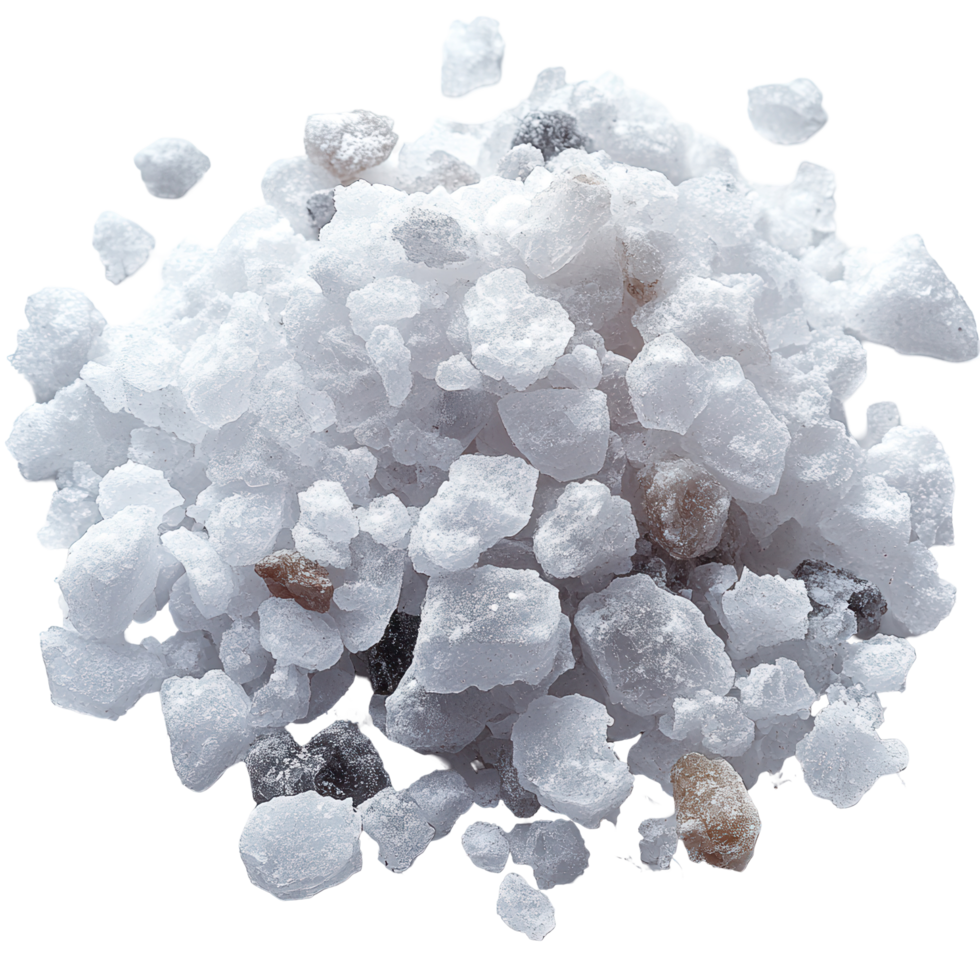 White sea salt crystals scattered on a clean surface highlighting their texture and mineral inclusions isolated on transparent background png