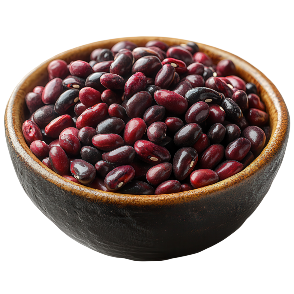 Assorted red and black beans displayed in a rustic bowl on a white background, showcasing the rich colors and textures of legumes isolated on transparent background png