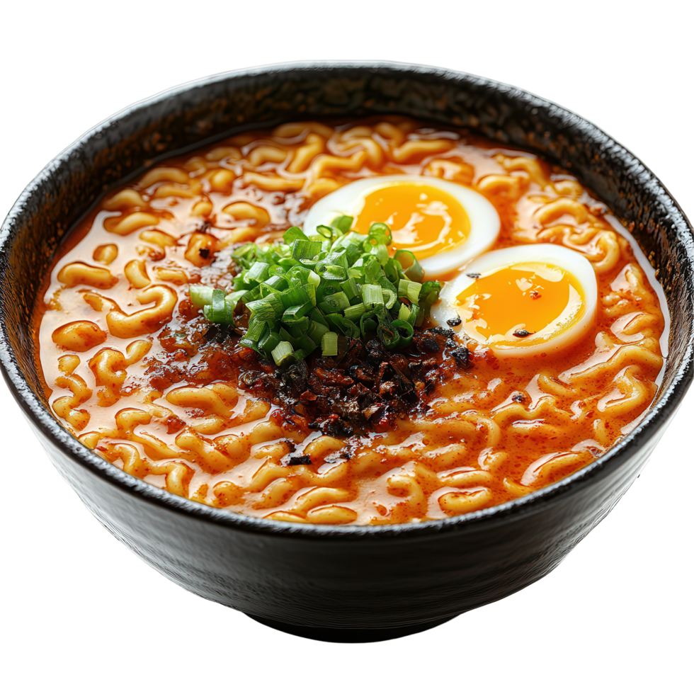 Delicious bowl of ramen with boiled eggs and green onions served in black ceramic bowl isolated on transparent background png