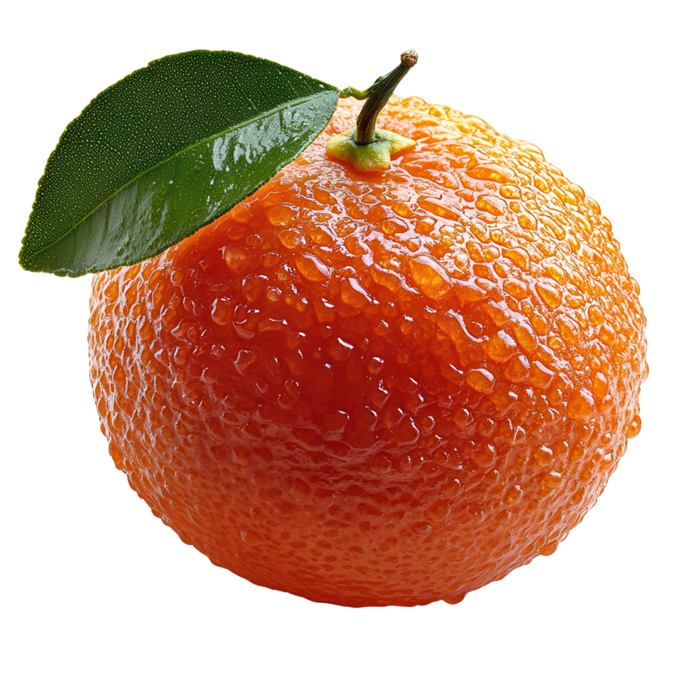 Freshly washed mandarin orange with dew drops on its surface and a green leaf, highlighting its vibrant color and texture isolated on transparent background png