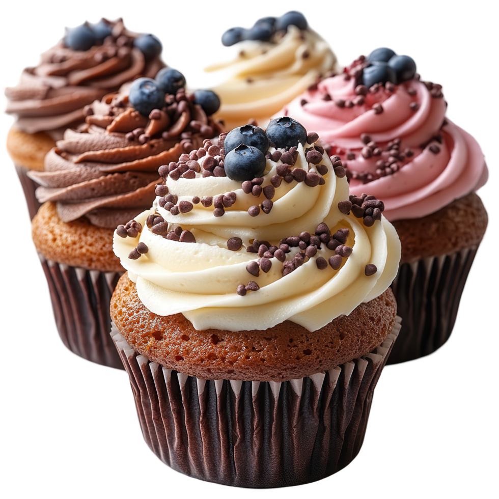 Delicious assortment of cupcakes decorated with creamy frosting and fresh berries at a dessert display isolated on transparent background png