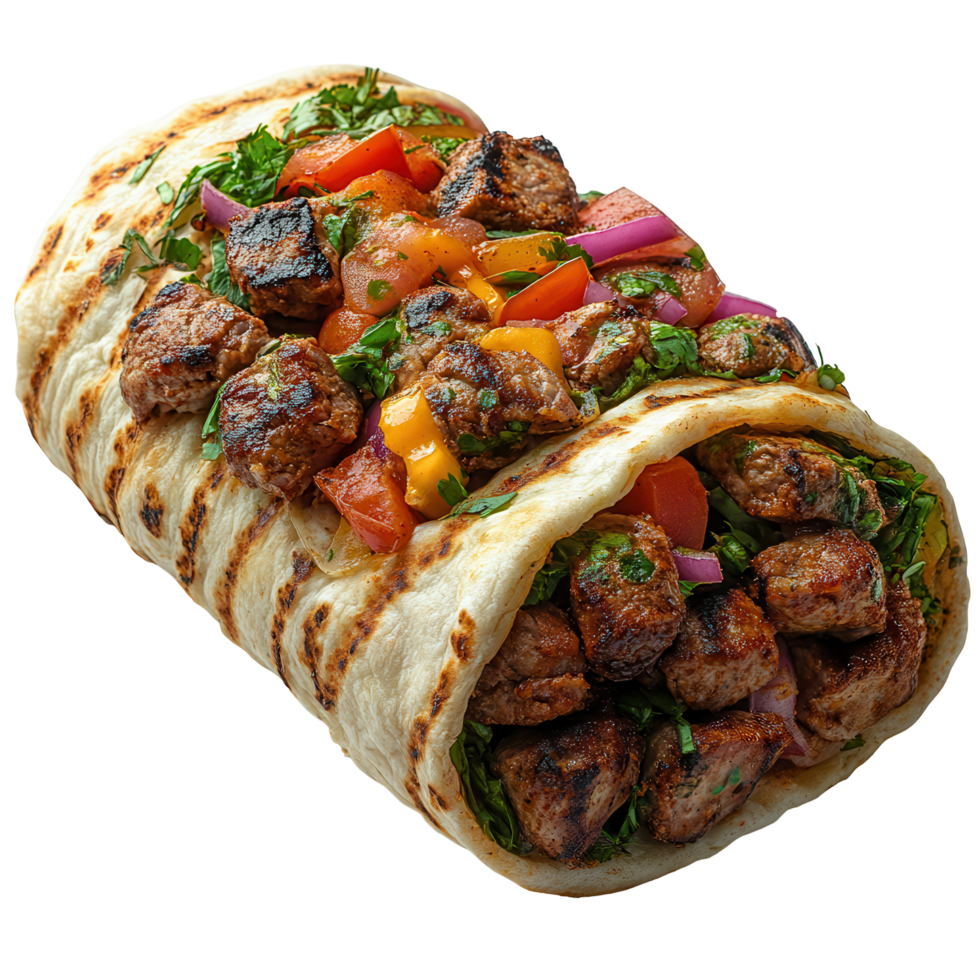 Delicious grilled kebab wrap filled with fresh vegetables and herbs ready to be enjoyed isolated on transparent background png