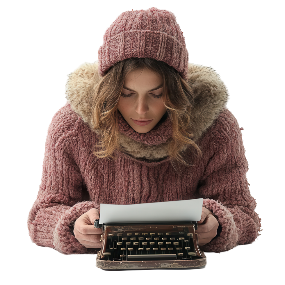 Writer focused on typewriter in cozy sweater and hat during winter indoor setting isolated on transparent background png