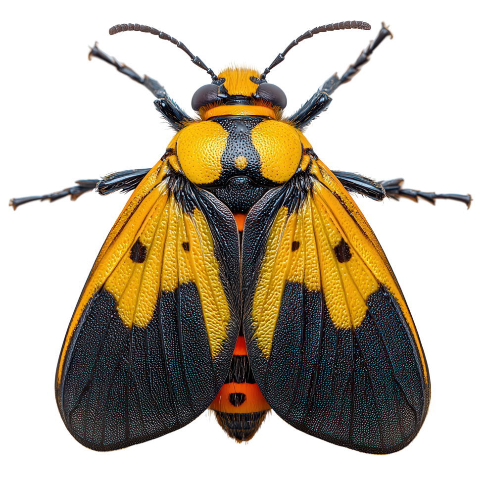 Stunning close-up view of a vibrant orange and black insect showcasing intricate patterns and textures isolated on transparent background png
