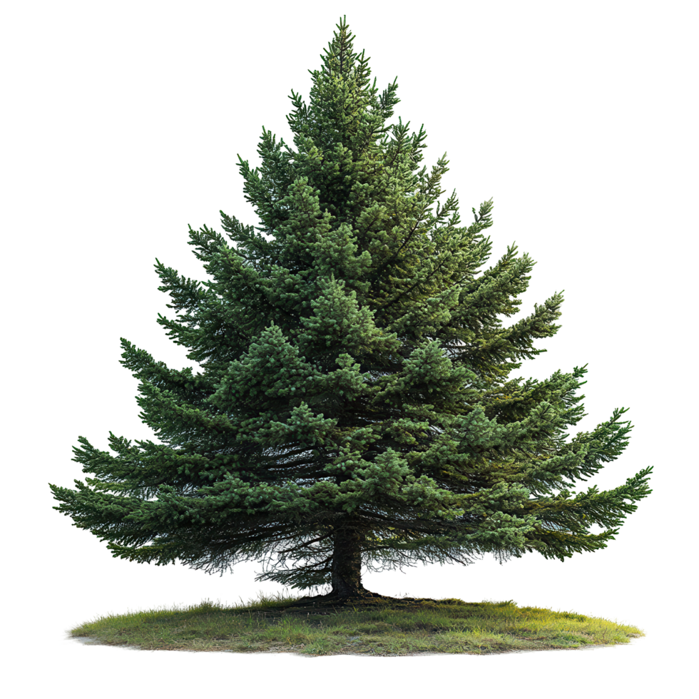 Evergreen tree standing tall in a vibrant green meadow under clear blue skies isolated on transparent background png
