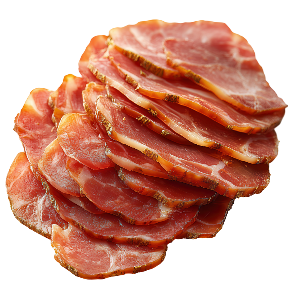 Sliced cured meat arranged neatly on a white background showcasing preparation for a charcuterie board isolated on transparent background png