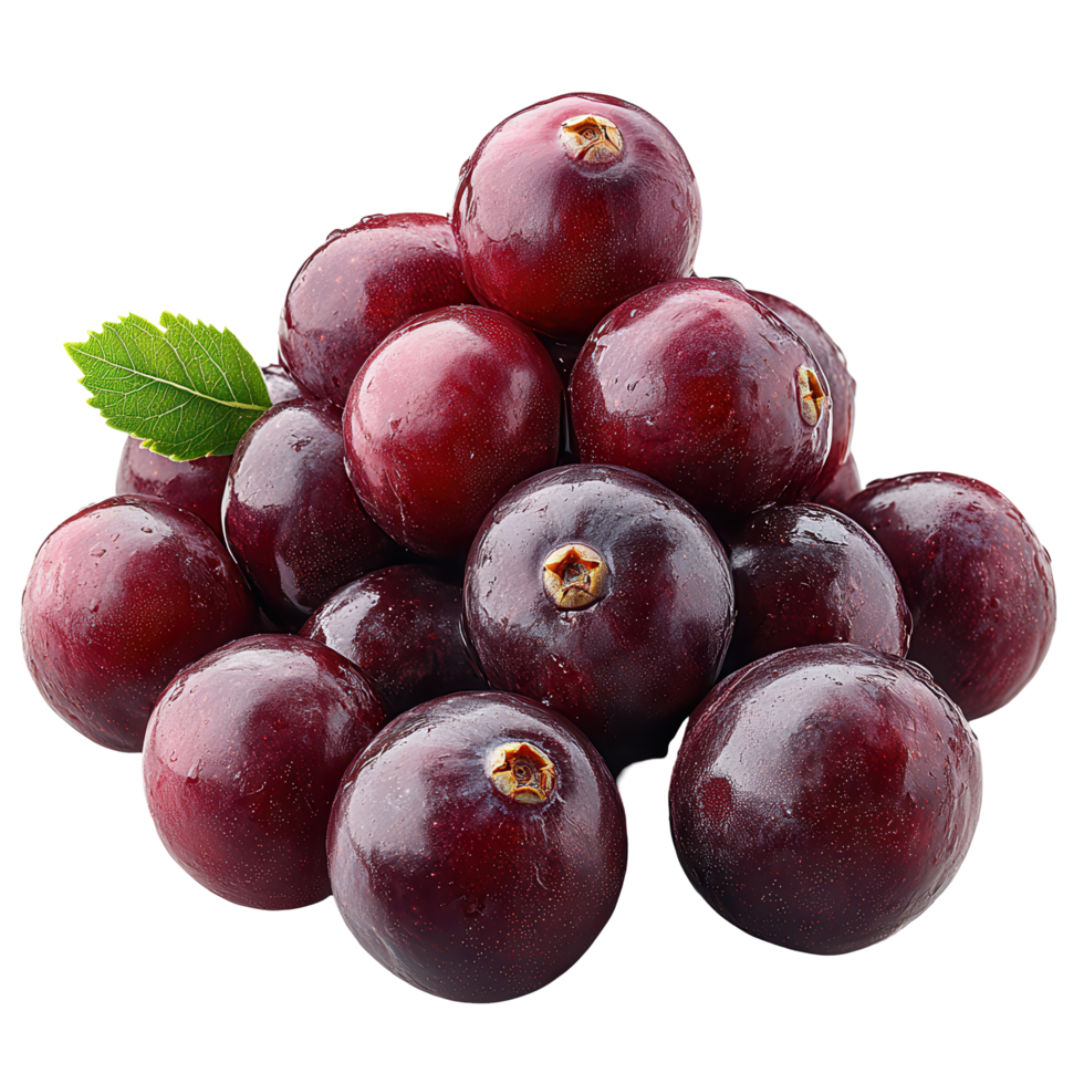 Fresh and ripe black currants piled together with a green leaf in bright lighting for showcasing their juicy texture and color isolated on transparent background png