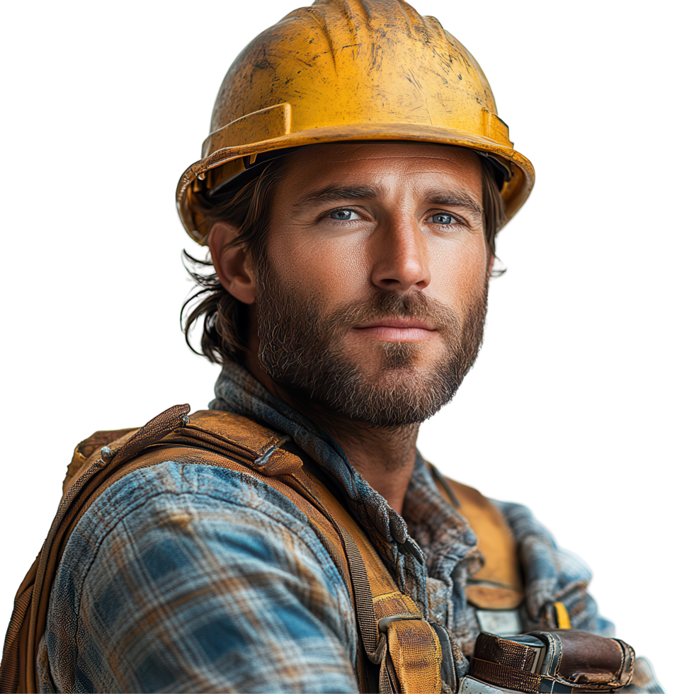 Skilled construction worker poses confidently at a job site wearing a hard hat and work attire isolated on transparent background png