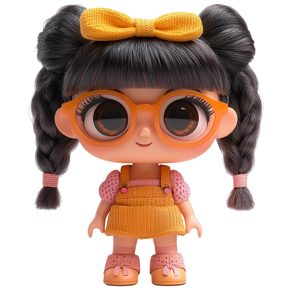 Cute doll with glasses and braided hair wearing a vibrant outfit and yellow bow in a playful setting isolated on transparent background png