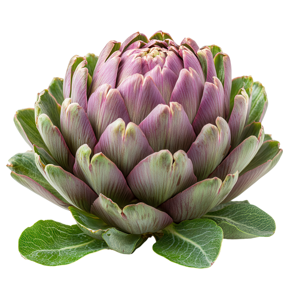 Artichoke with vibrant purple petals and green foliage arranged on a white background showcasing its natural beauty and freshness isolated on transparent background png