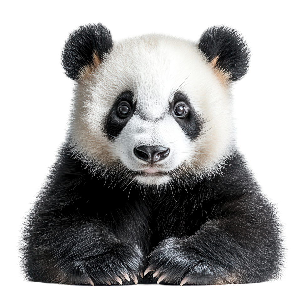 Cute panda cub sitting playfully, showcasing its adorable features and black and white fur in a bright setting isolated on transparent background png