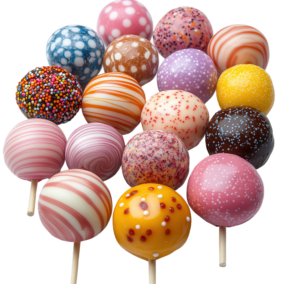 Colorful candy pops arranged artistically on sticks, showcasing a variety of designs and textures for a sweet treat display isolated on transparent background png