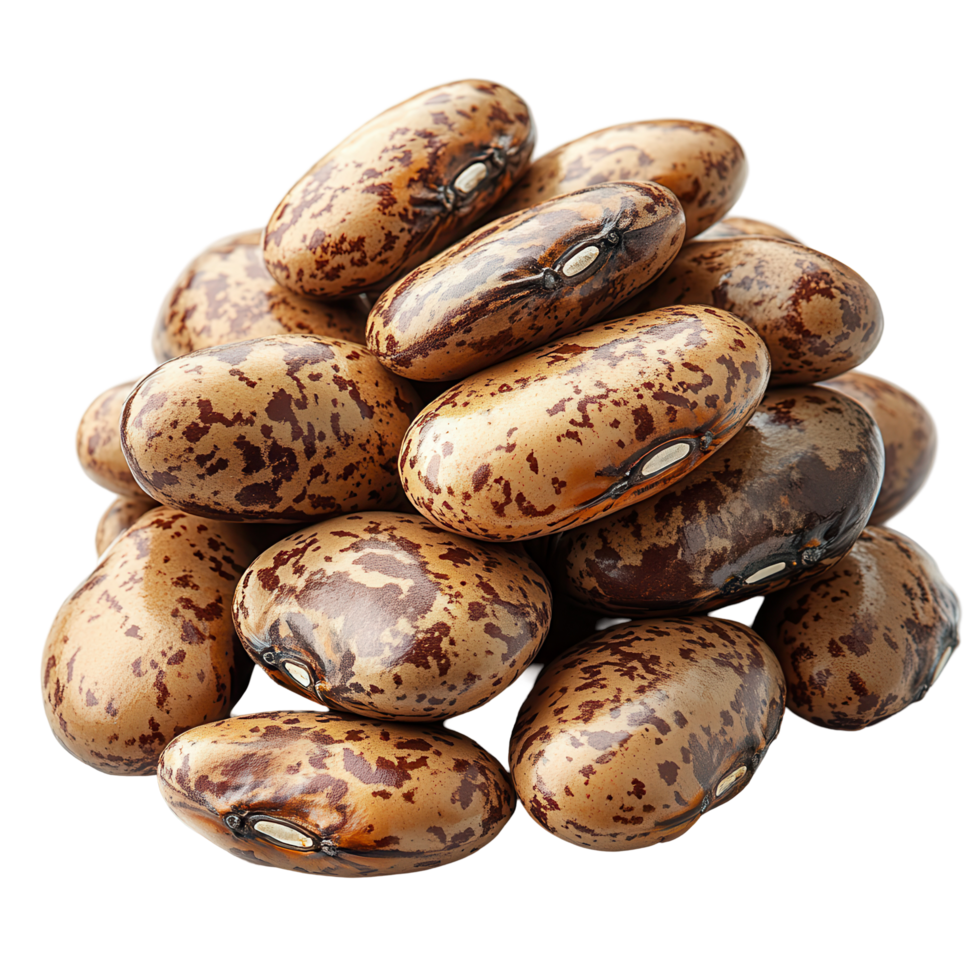 Pile of dried pinto beans showcasing unique speckled patterns and earthy tones in a natural display isolated on transparent background png