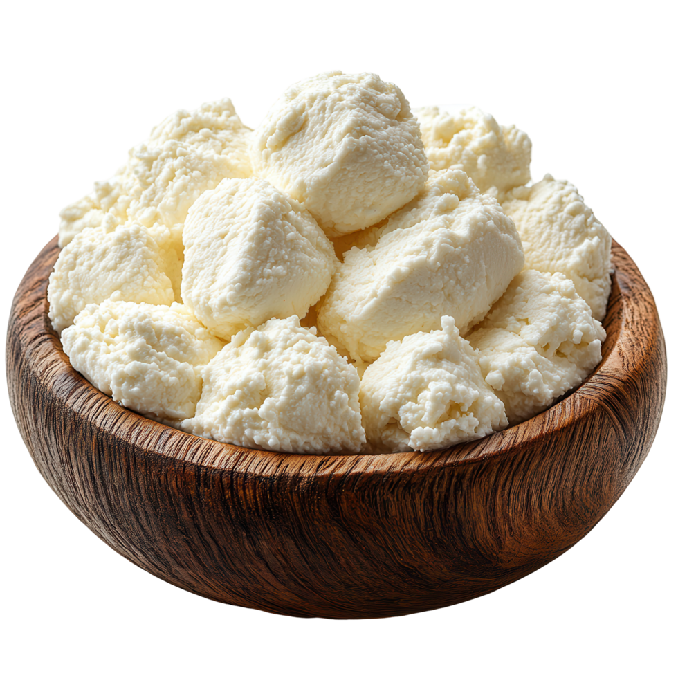 Freshly made cottage cheese served in a rustic wooden bowl at a cozy kitchen setting isolated on transparent background png