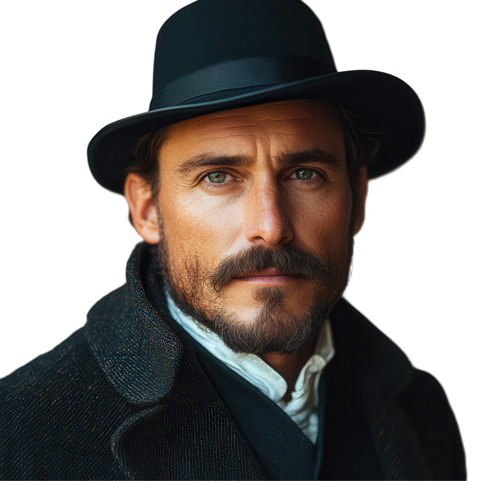 Handsome man in vintage attire with a black hat and expressive blue eyes poses elegantly against a plain background isolated on transparent background png