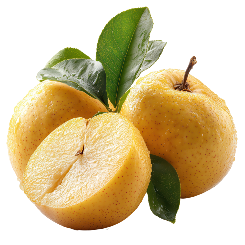 Freshly cut yellow pears with green leaves displayed on a white background ready for a healthy snack or recipe isolated on transparent background png