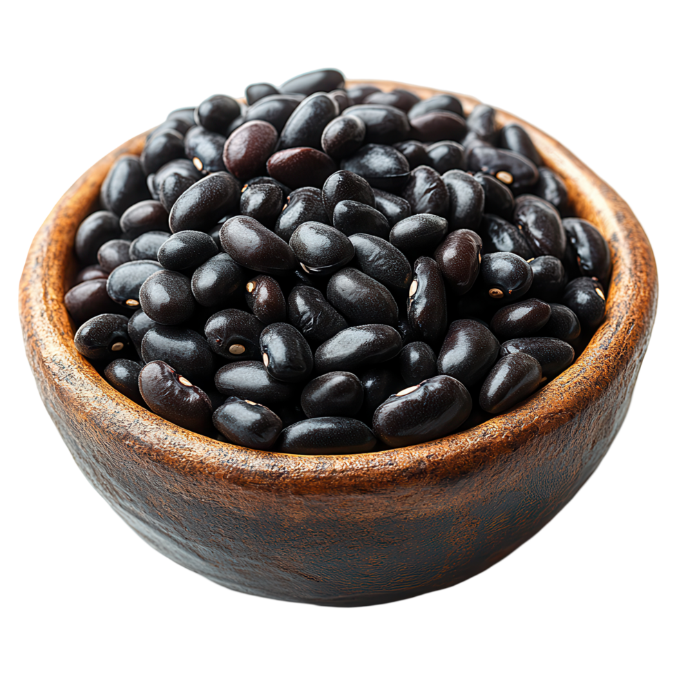 Black beans in a rustic bowl ready for cooking and nutritious meal preparation in a kitchen setting isolated on transparent background png