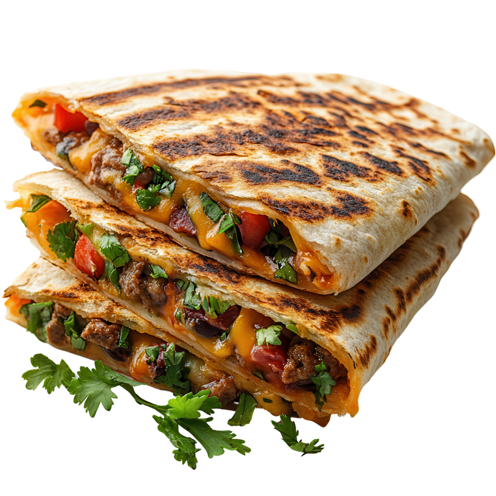 Deliciously grilled quesadillas filled with savory meat and vegetables, showcasing vibrant colors and perfect texture for a satisfying meal isolated on transparent background png