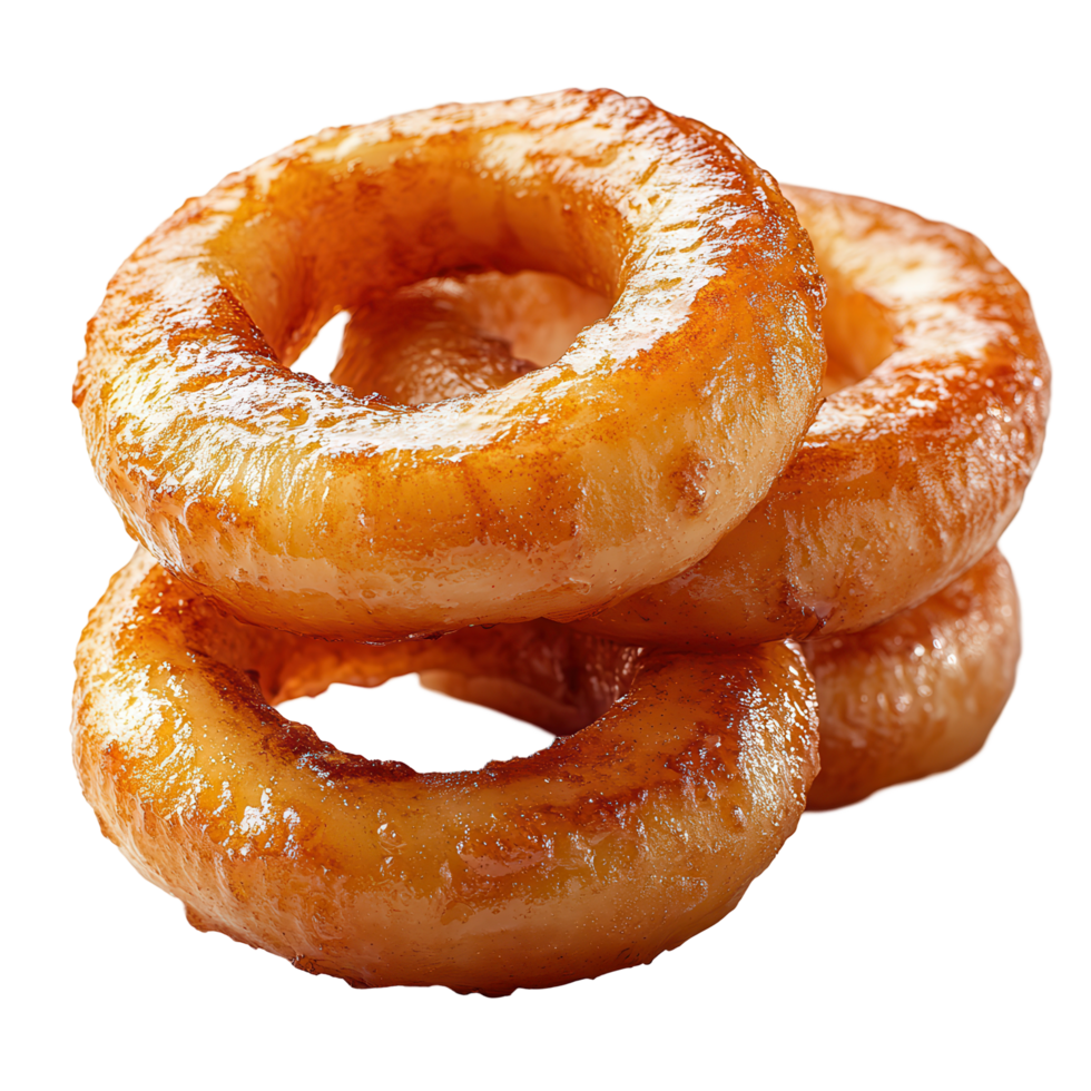 Delicious golden fried rings piled on each other at a cozy diner during a bustling lunchtime rush isolated on transparent background png