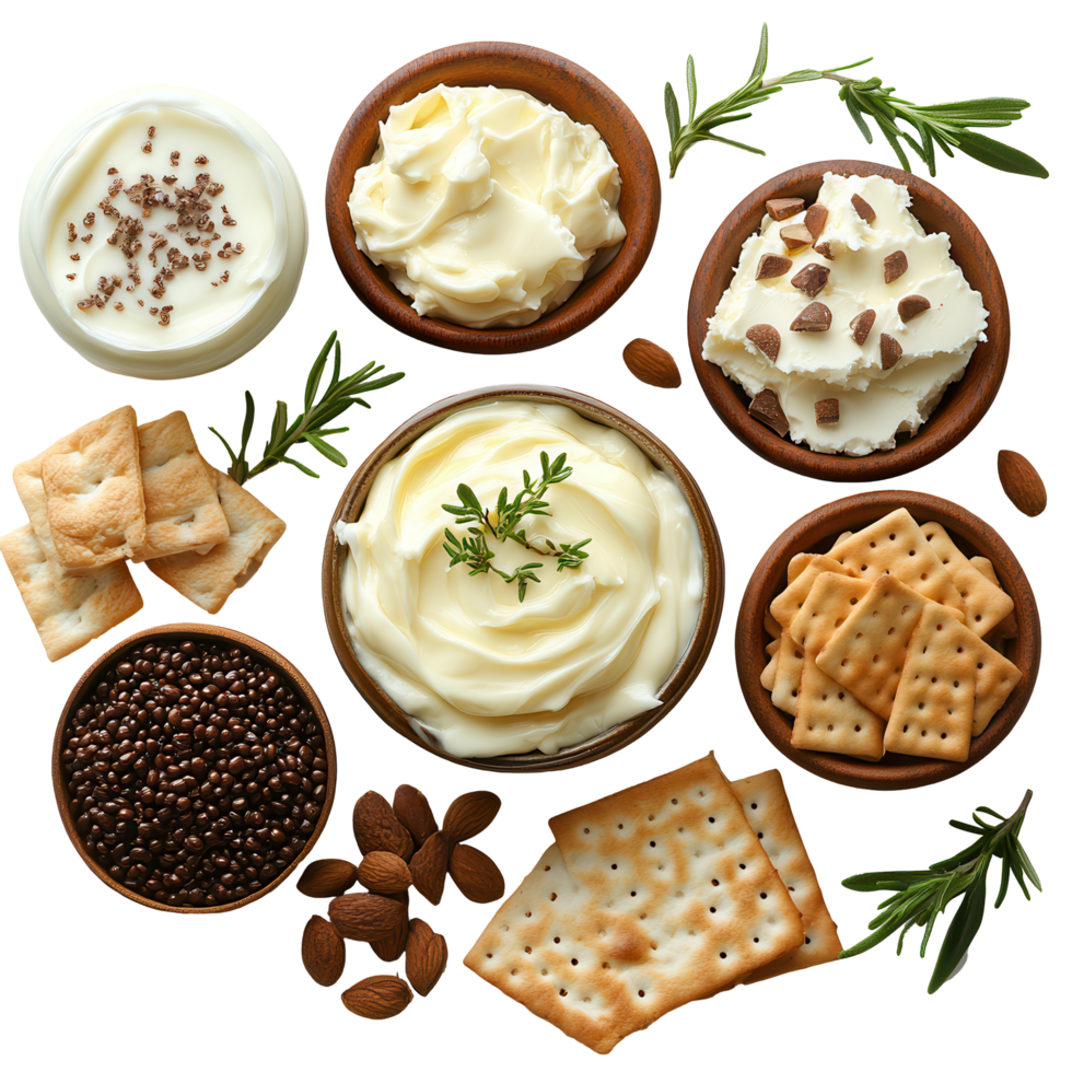 Assorted dairy spreads and crackers arranged on a white background with herbs and nuts isolated on transparent background png