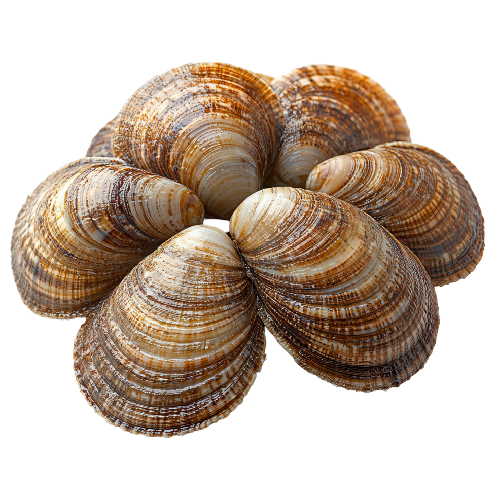 Unique arrangement of beautifully patterned seashells displayed on a white background isolated on transparent background png