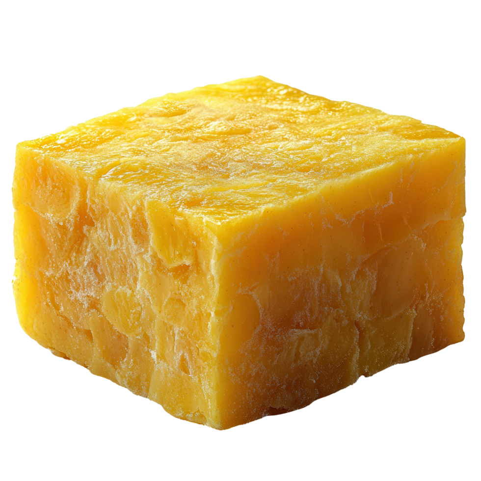 Block of yellow cheese displayed on a plain background, showcasing its texture and rich color for culinary use isolated on transparent background png