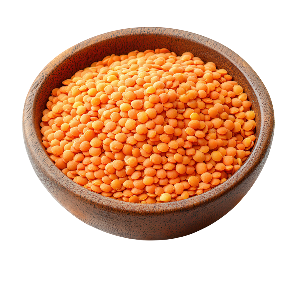 Bright orange lentils in a wooden bowl on a clean background for healthy cooking and meal preparation isolated on transparent background png