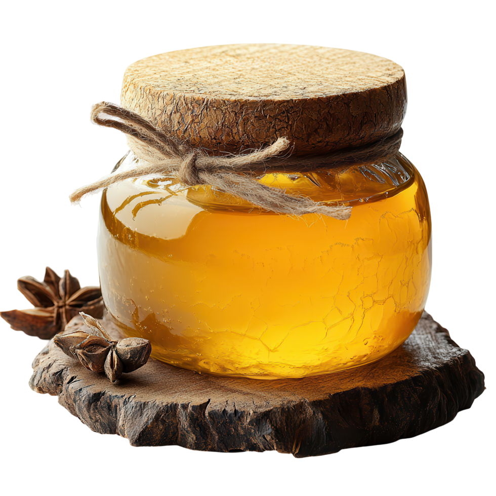 Natural honey jar on wooden base with spices, perfect for culinary uses and health benefits isolated on transparent background png