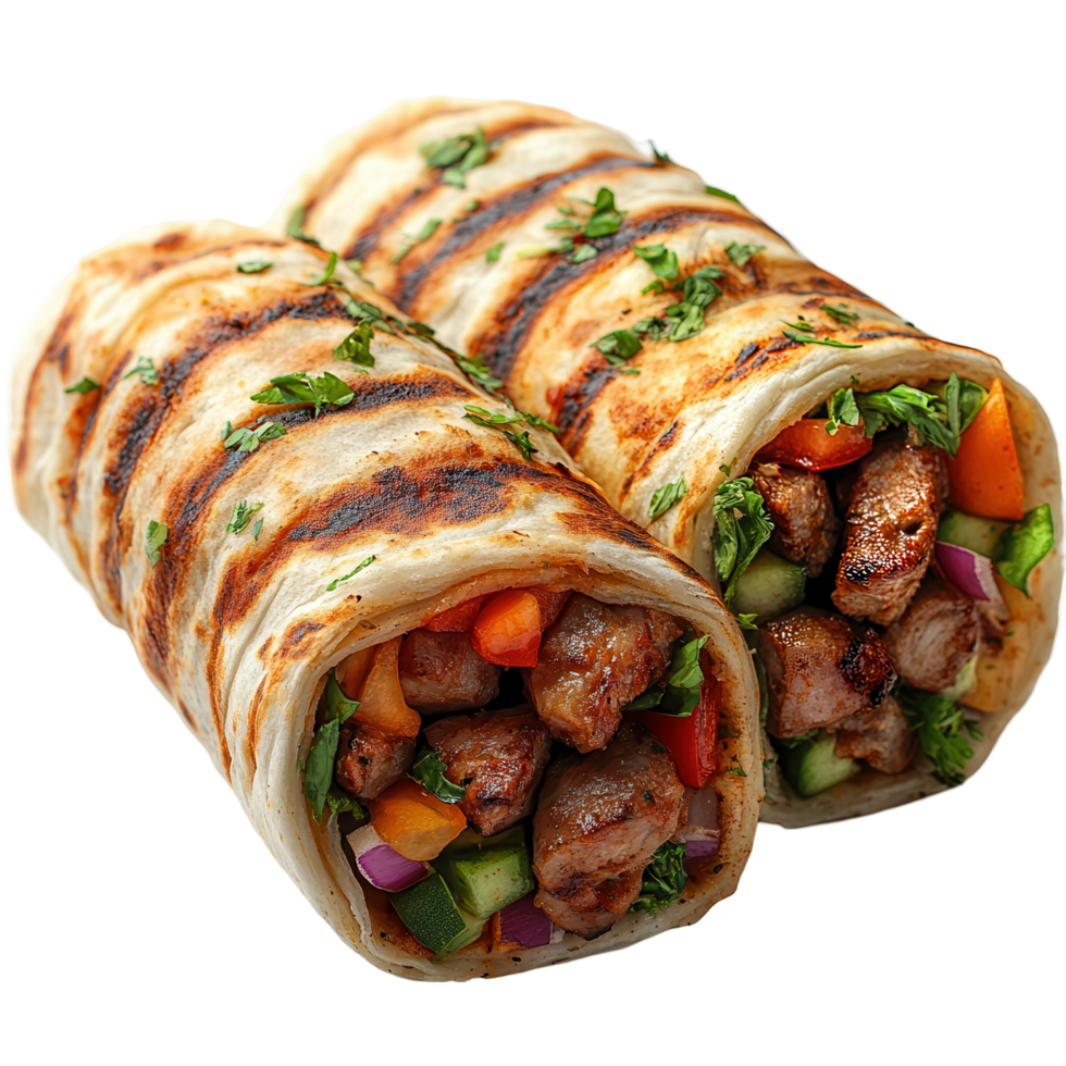 Delicious grilled kebab wraps filled with fresh vegetables ready for a satisfying meal isolated on transparent background png