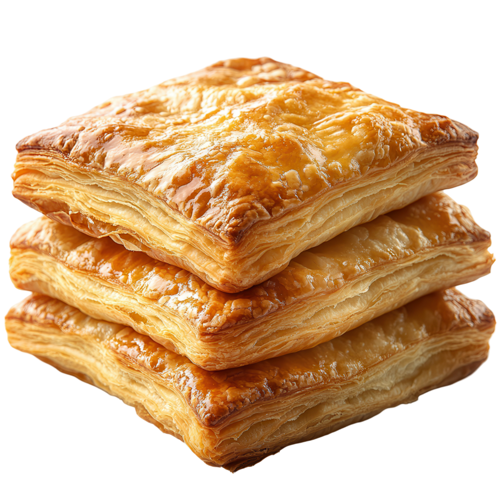 Delicious golden flaky pastries stacked neatly on a clean surface, perfect for breakfast or dessert isolated on transparent background png