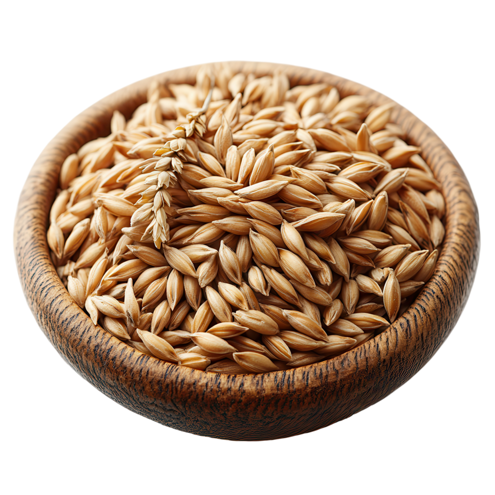 Organic oats displayed in a wooden bowl showcasing their natural texture and color in a kitchen setting during daylight isolated on transparent background png