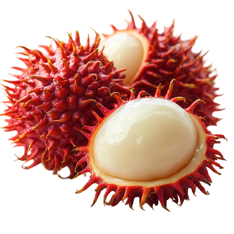 Fresh rambutan fruit with vibrant red skin and creamy white pulp displayed on a plain background isolated on transparent background png