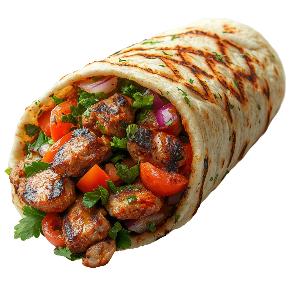Savory chicken wrap filled with fresh vegetables and herbs enjoyed during a summer picnic isolated on transparent background png