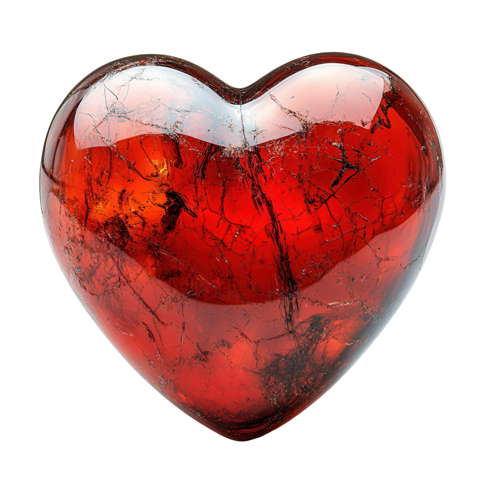 Beautiful red heart-shaped gemstone with intricate patterns and a polished finish isolated on transparent background png
