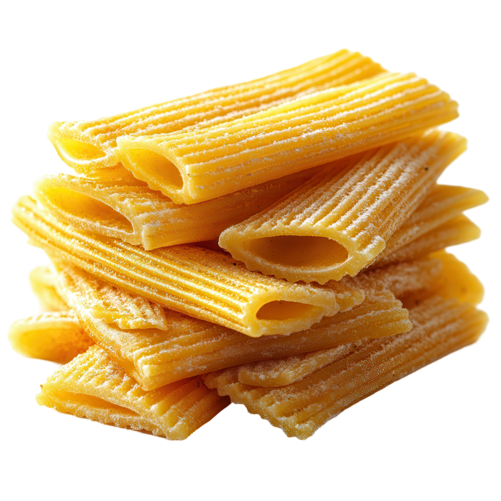 Freshly made rigatoni pasta stacked in a mound ready for cooking or preparation isolated on transparent background png