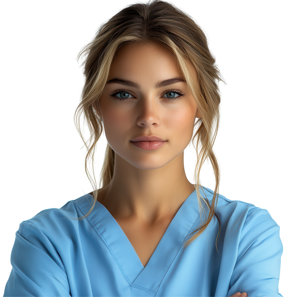 Young healthcare professional in scrubs gazes confidently at the camera against a plain background isolated on transparent background png