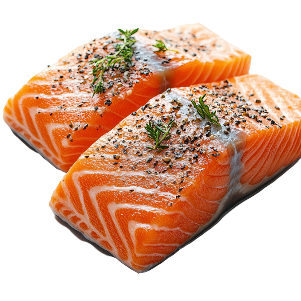 Fresh salmon fillets with herbs and spices on a black serving platter ready for cooking or grilling isolated on transparent background png