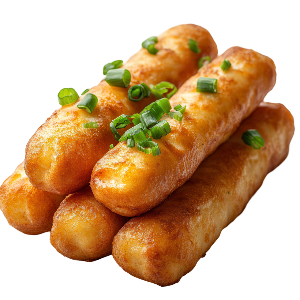 Deliciously crispy and golden fried snacks topped with chopped green onions served on a white background isolated on transparent background png