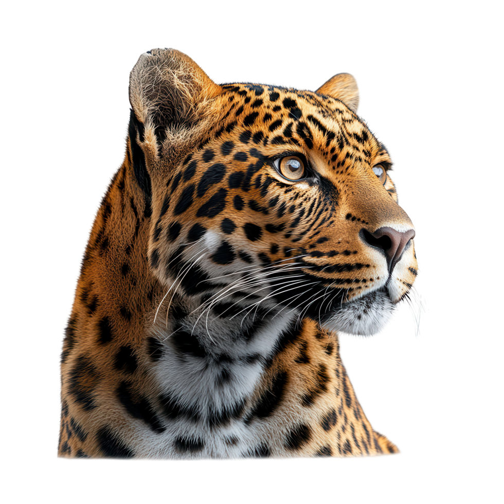 Majestic leopard gazing serenely with striking features and vivid coat isolated on transparent background png