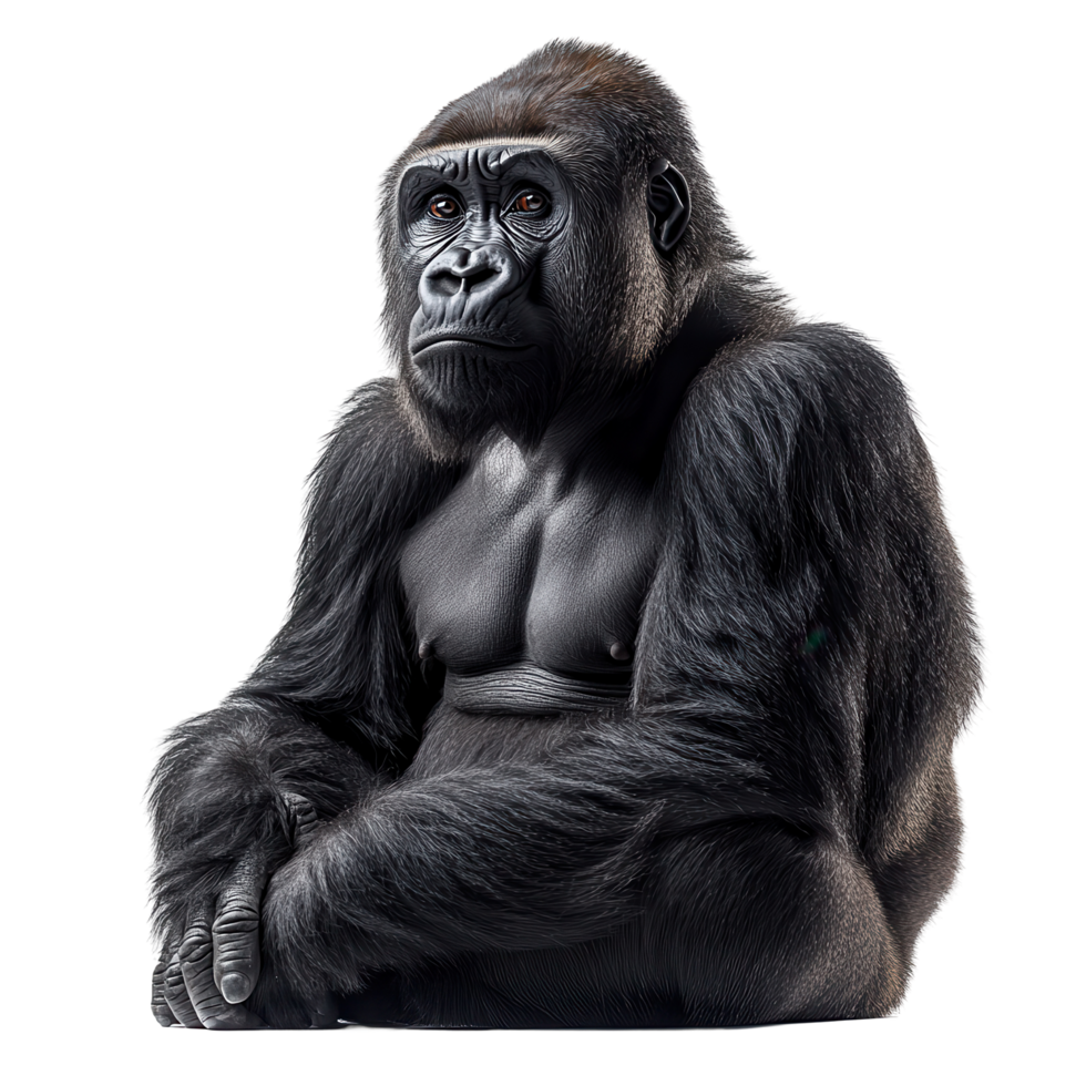 Gorilla sits calmly and observes its surroundings, showcasing its strong build and intelligent expression in a tranquil setting isolated on transparent background png