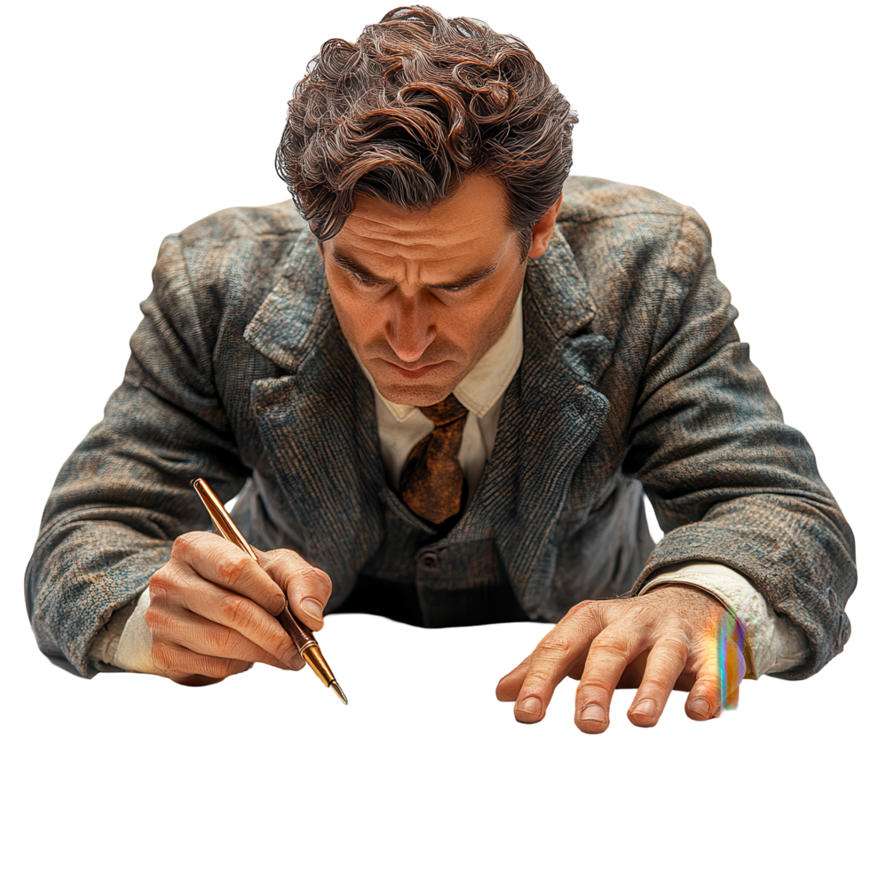 Creative artist sketching on a blank page in a vintage outfit with attention to detail in a well-lit environment isolated on transparent background png