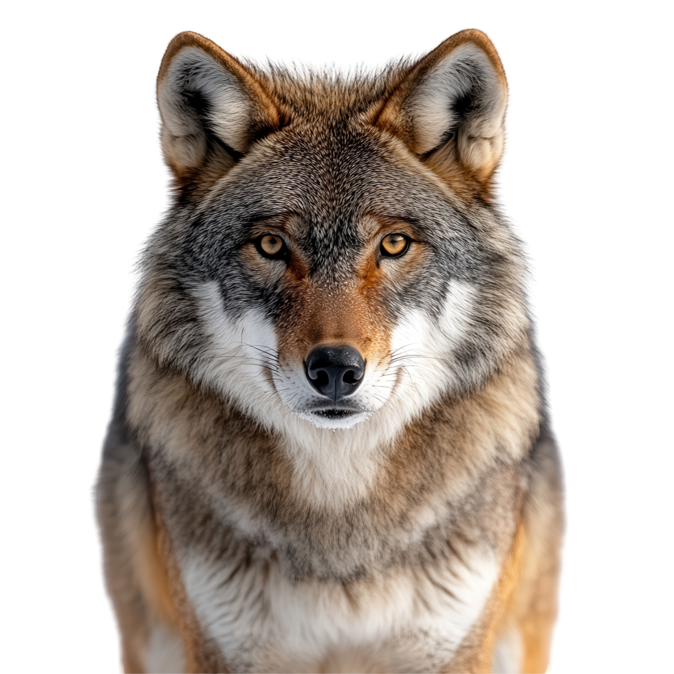 Majestic wolf displaying piercing eyes and detailed fur against a plain background isolated on transparent background png