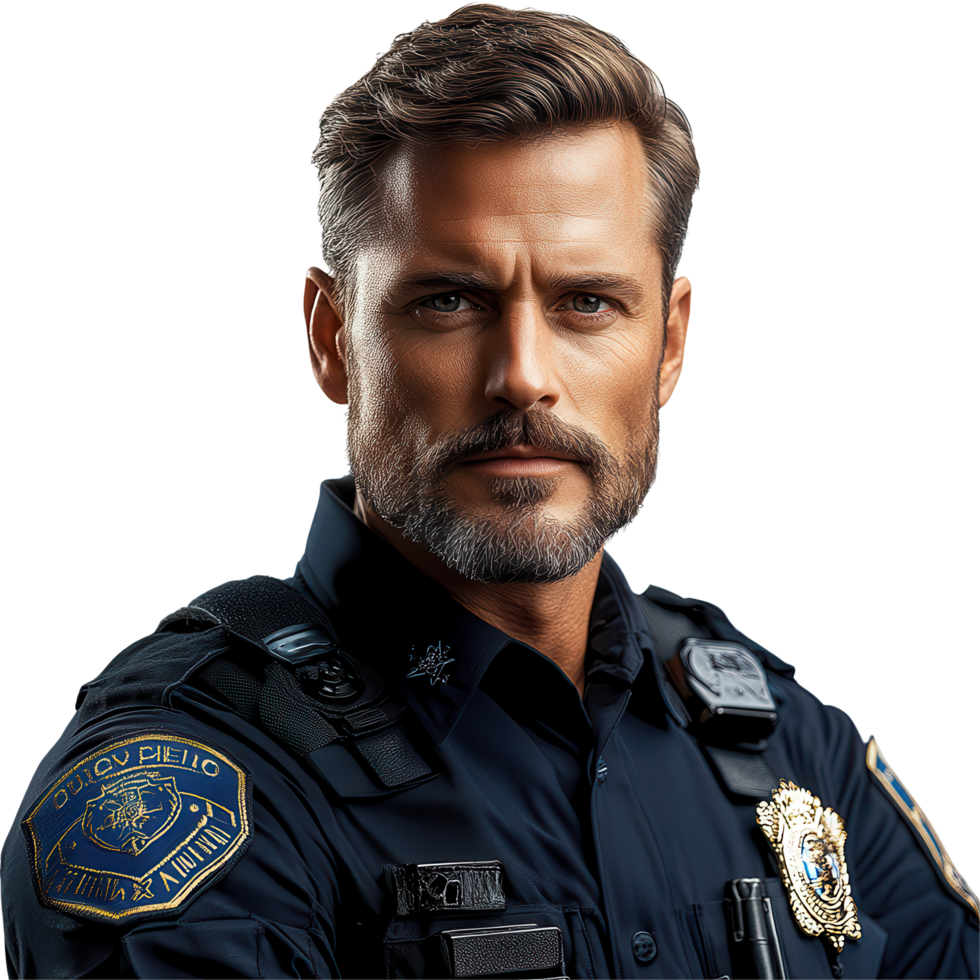 Focused police officer in uniform standing confidently with arms crossed in a neutral setting isolated on transparent background png