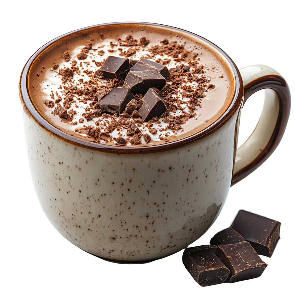 Warm cup of rich hot chocolate topped with chocolate shavings and chunks served on a cozy table setting isolated on transparent background png