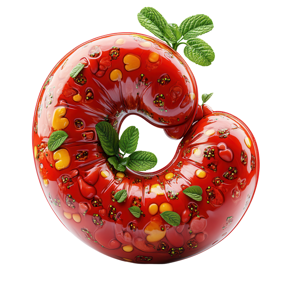 Creative fruit-shaped jelly with colorful heart design and mint leaves on a white background isolated on transparent background png