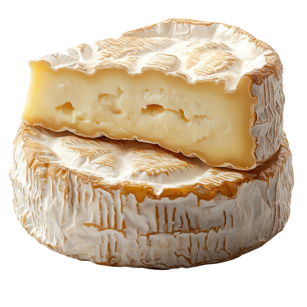 Soft cheese with creamy texture and edible rind displayed on a simple surface isolated on transparent background png