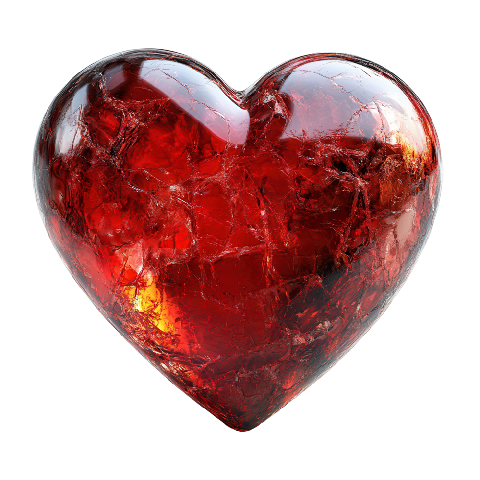 Heart-shaped gemstone with a rich red color showcasing intricate interior patterns and texture isolated on transparent background png