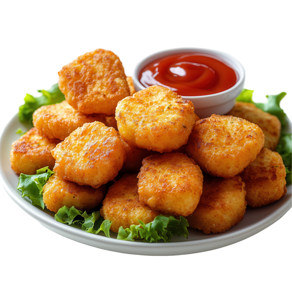 Crispy golden nuggets served with a side of tomato dipping sauce on a white plate with fresh lettuce isolated on transparent background png