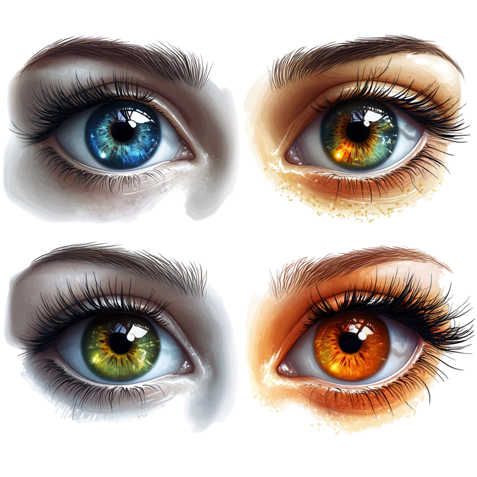 Creative illustration of four different eye colors showcasing unique and vibrant details in a visual art style isolated on transparent background png