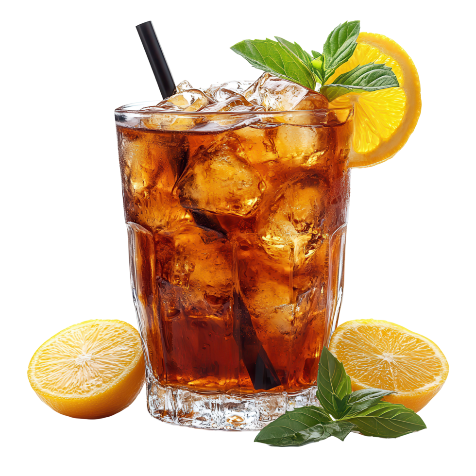 Refreshing iced tea with a lemon twist and fresh mint leaves served in a clear glass isolated on transparent background png